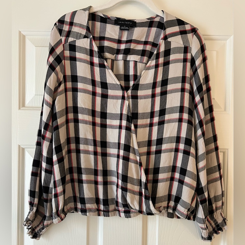 Sanctuary Cori Smocked‎ Sleeve Blouse beige black red plaid wrap Vneck size S